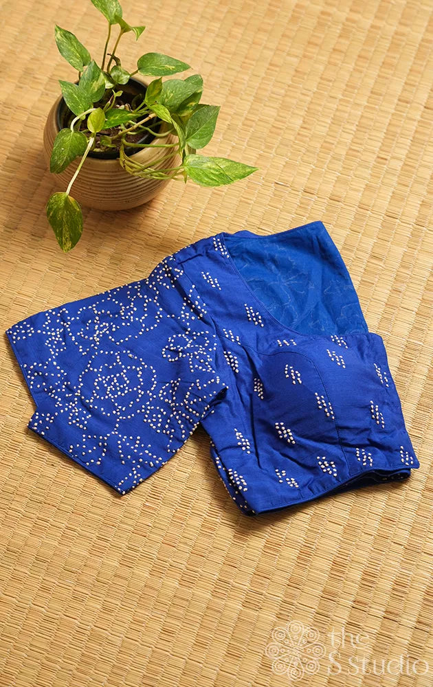 Blue cotton readymade blouse with french knot floral embroidery