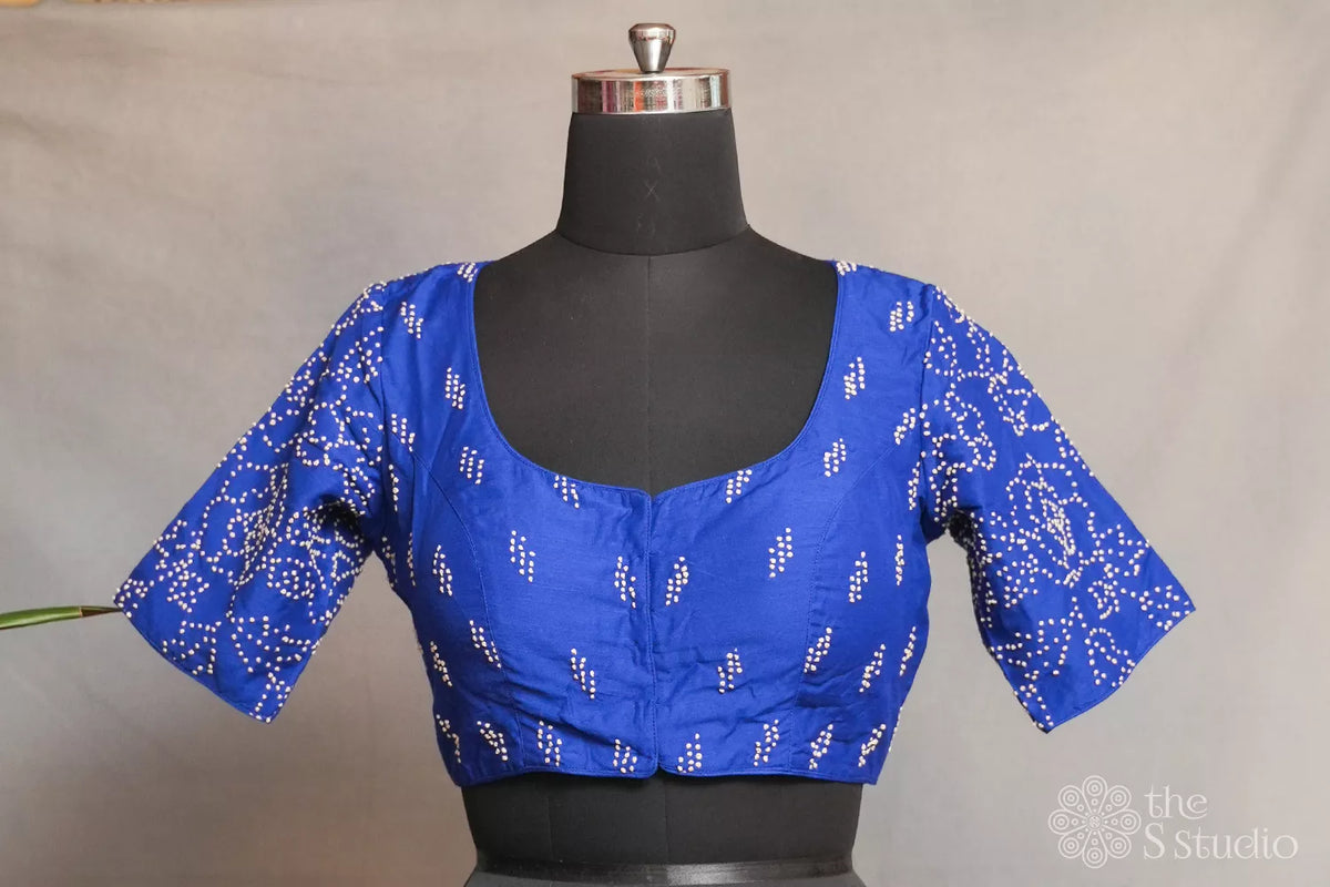 Blue cotton readymade blouse with french knot floral embroidery
