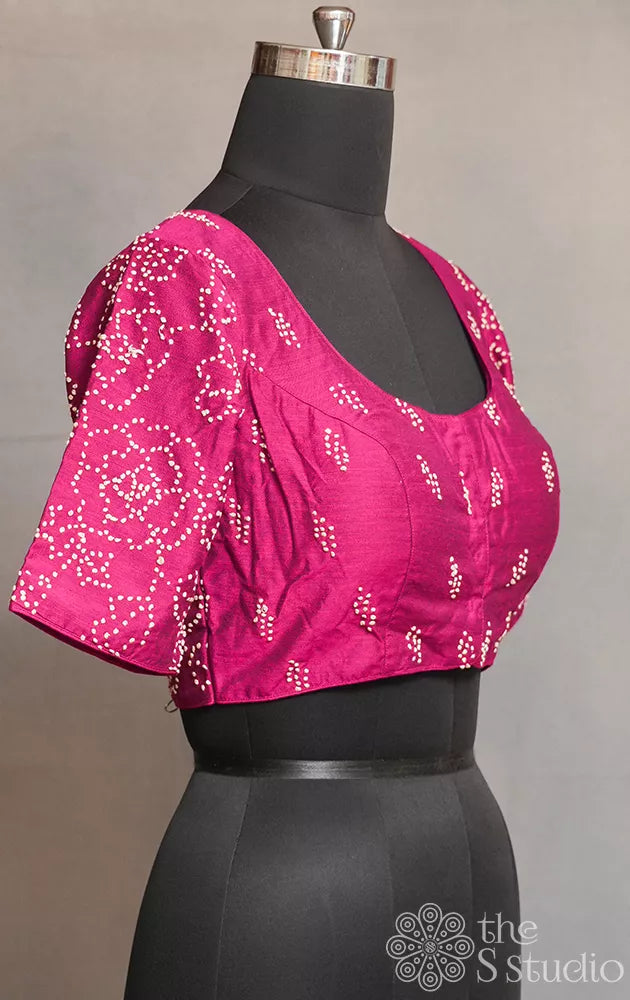 Magenta cotton readymade blouse with french knot floral embroidery