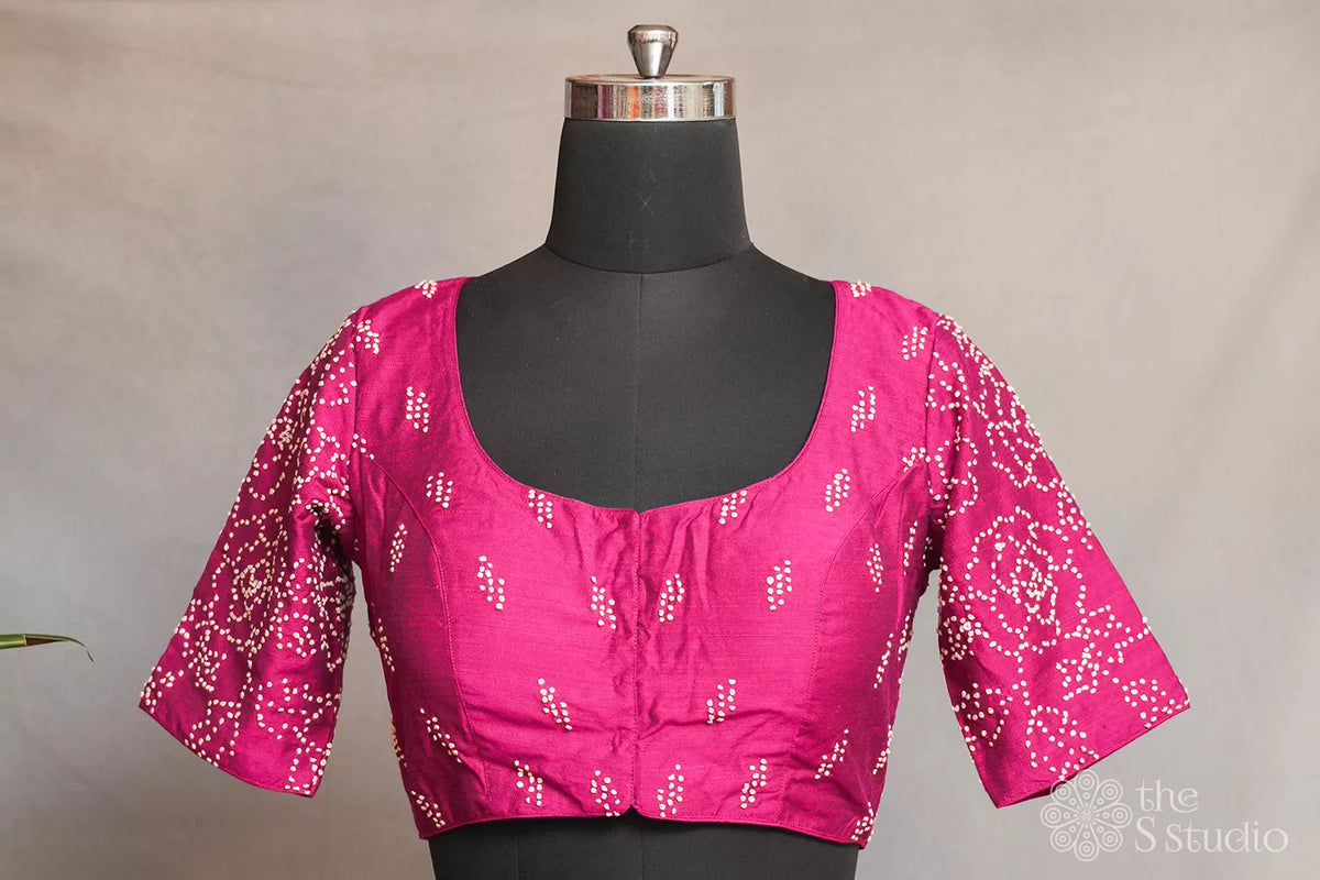 Magenta cotton readymade blouse with french knot floral embroidery