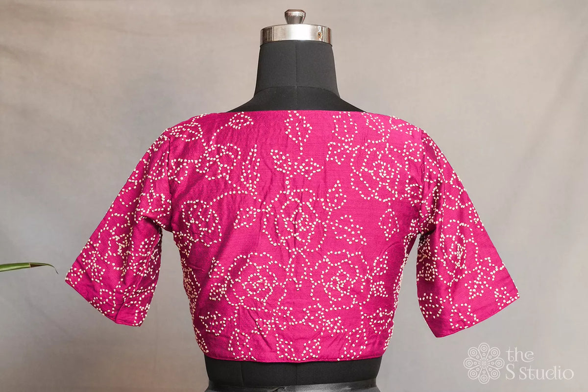 Magenta cotton readymade blouse with french knot floral embroidery
