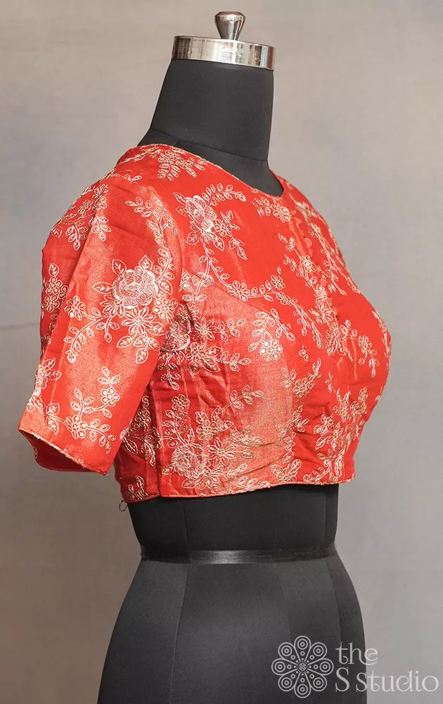 Rust orange tissue silk readymade blouse with embroidery