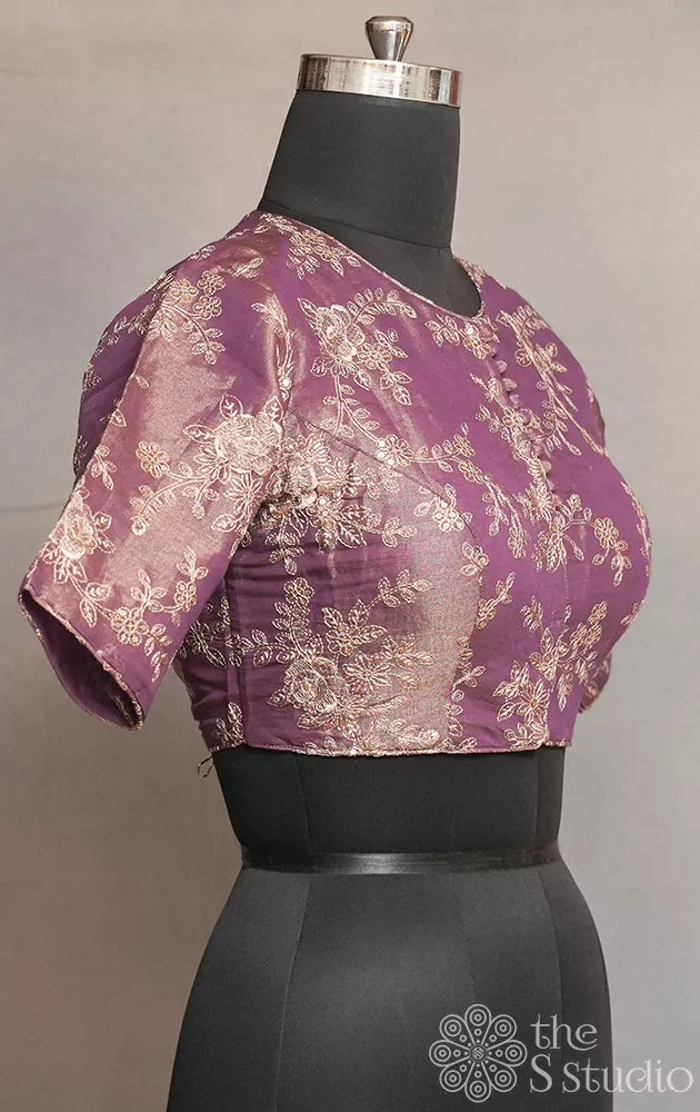 Dark lavender tissue silk readymade blouse with embroidery