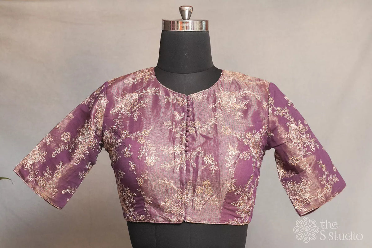 Dark lavender tissue silk readymade blouse with embroidery