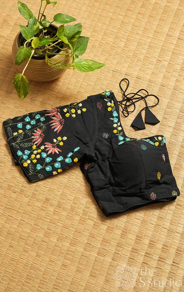 Black cotton readymade blouse with floral embroidery