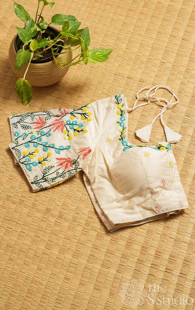 Off white readymade blouse with floral embroidery