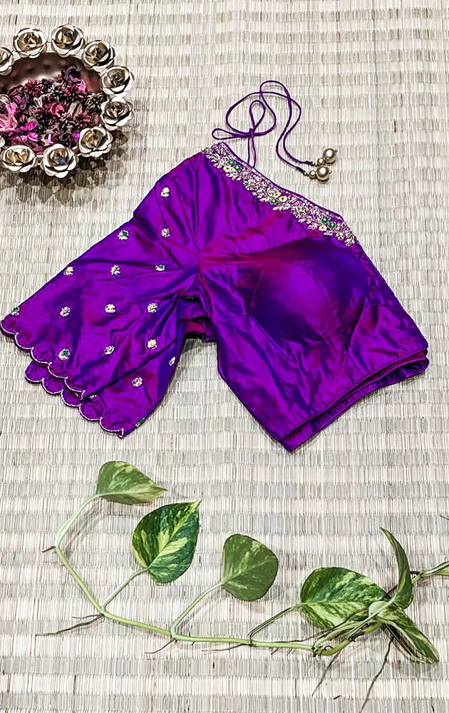 Purple hand embroidered silk blouse with neck pattern