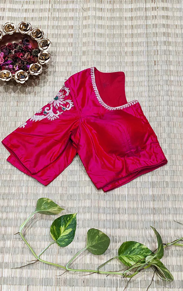 Rani pink hand  embroidered silk blouse with neck pattern