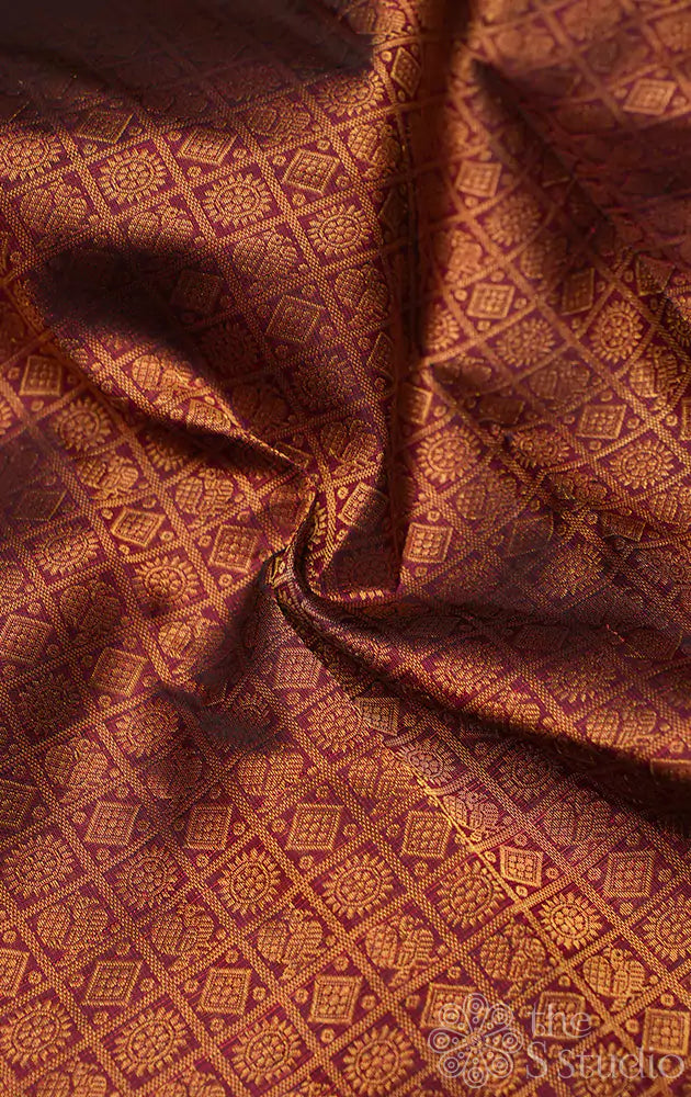 Maroon kanchi silk blouse material with mayil chakram buttas