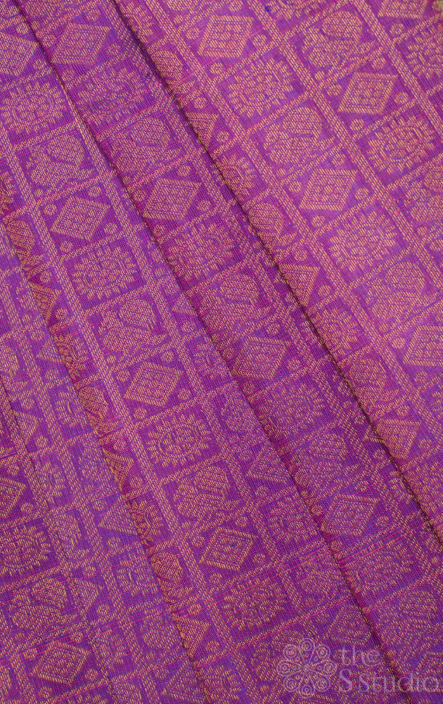 Purple kanchi silk blouse fabric with mayil chakram buttas