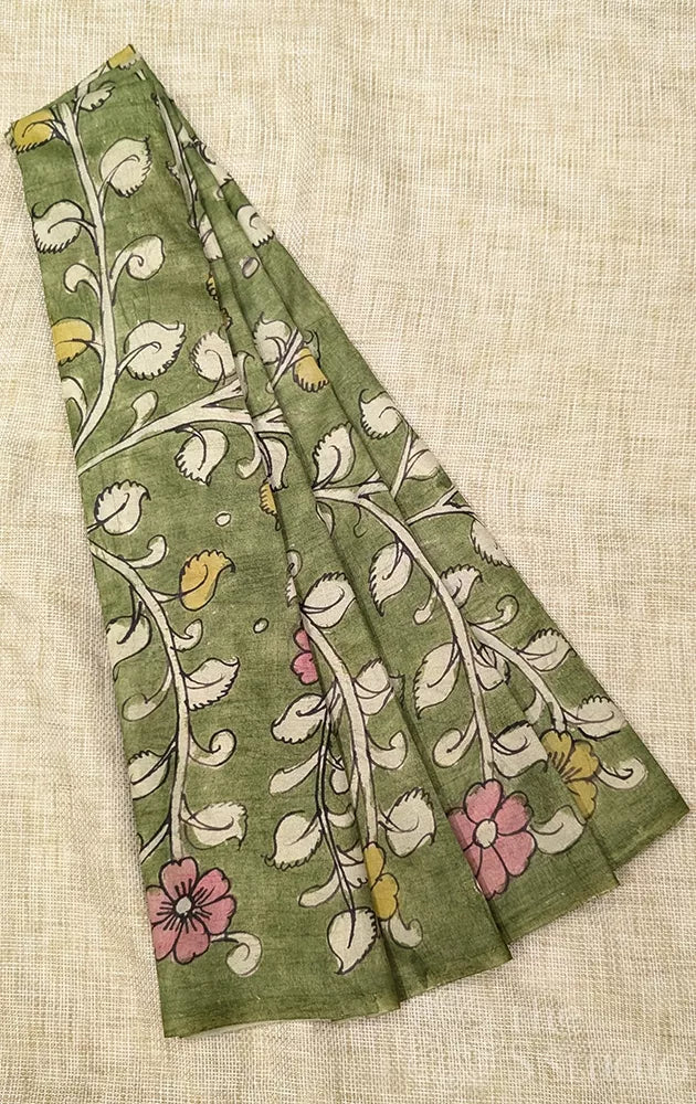 Green light weight silk with hand painted kalamkari blouse fabric