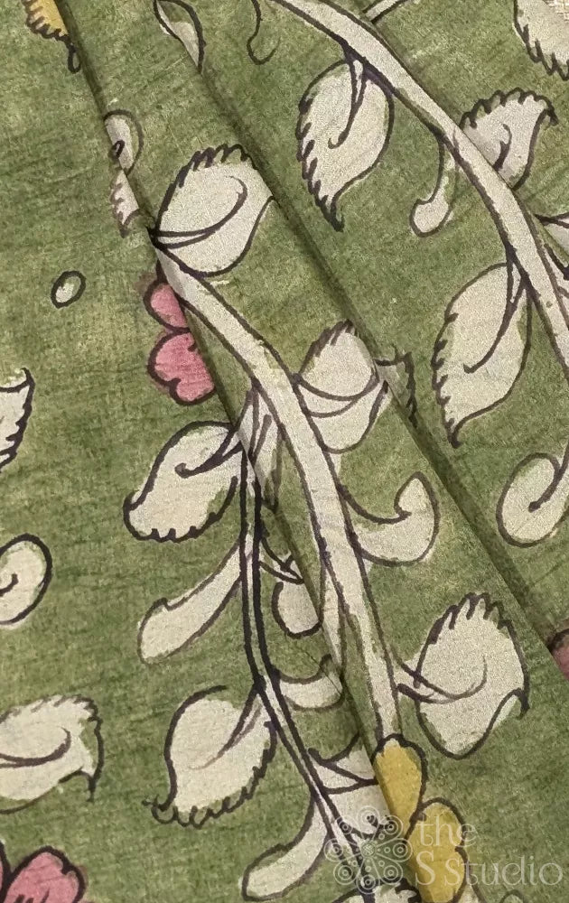Green light weight silk with hand painted kalamkari blouse fabric