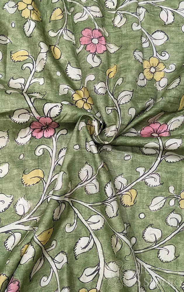 Green light weight silk with hand painted kalamkari blouse fabric
