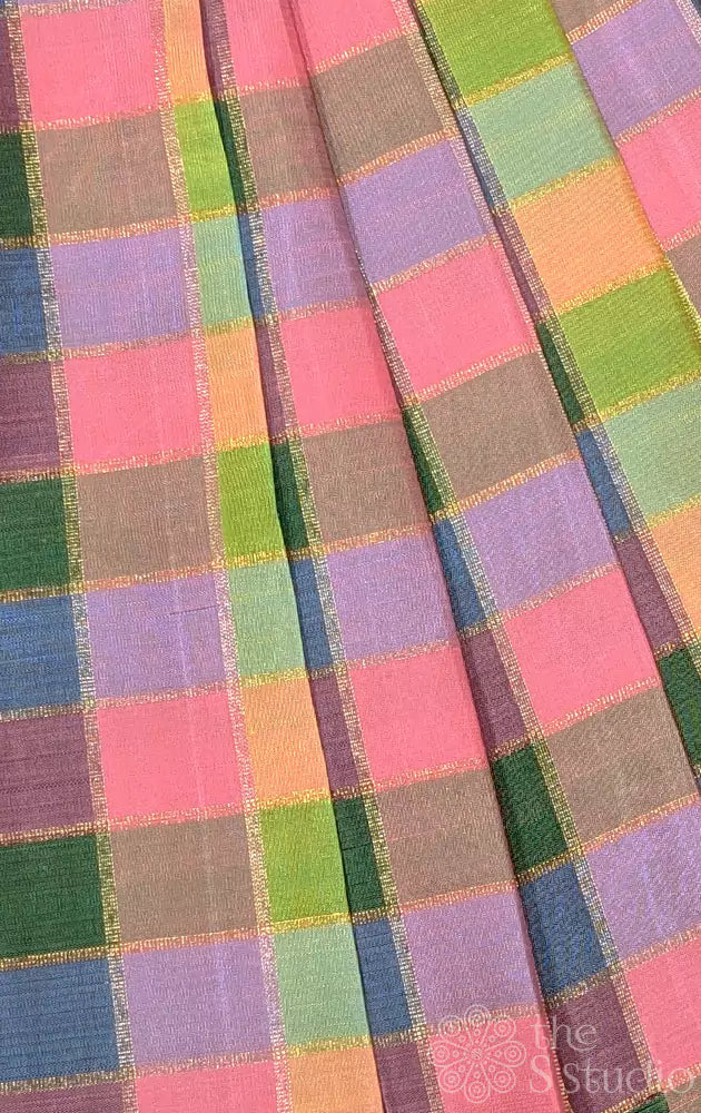 Pink & Green Multi colour zari checked kanchi silk blouse material
