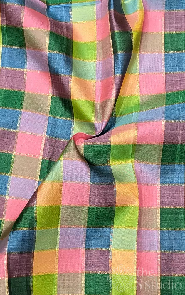 Pink & Green Multi colour zari checked kanchi silk blouse material