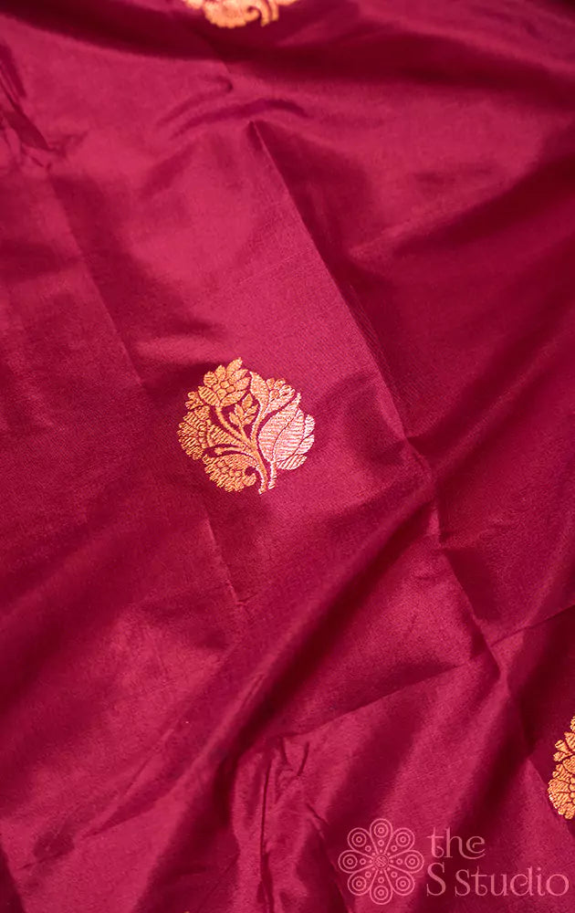 Maroon banarasi silk blouse material with floral kadua buttas