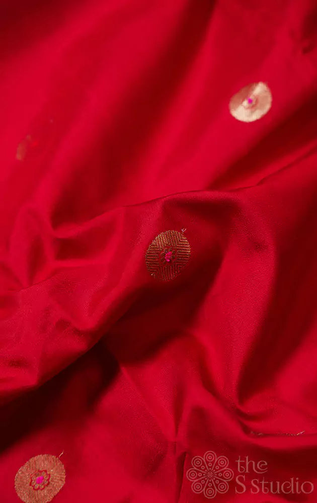Red banarasi silk blouse material with round zari buttas