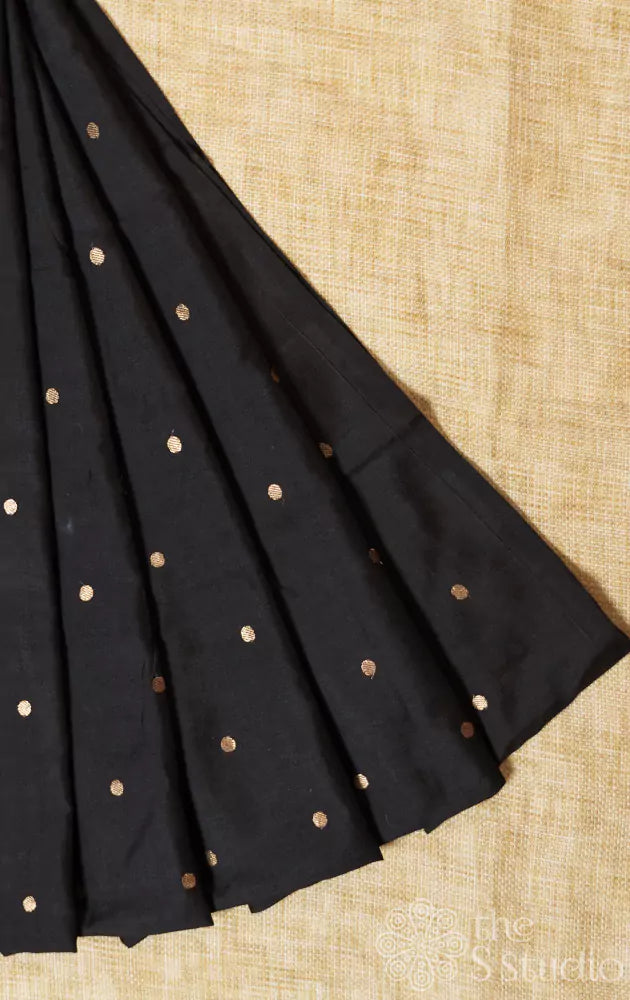Black banarasi silk blouse fabric with polka dots