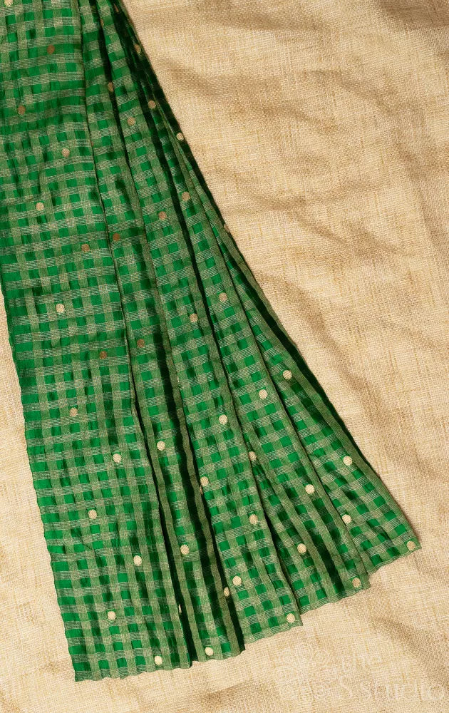 Green zari checked banarasi silk blouse fabric