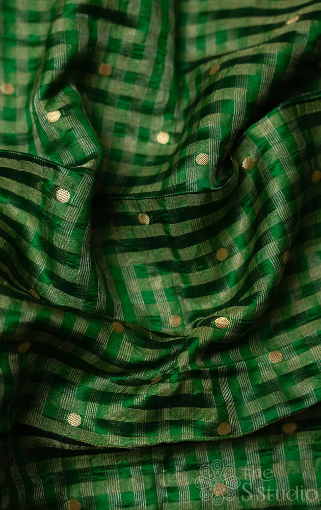 Green zari checked banarasi silk blouse fabric
