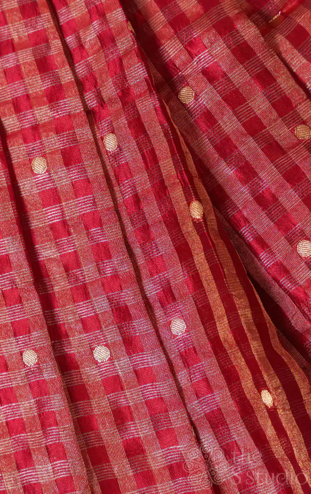 Maroon checked banarasi silk blouse material with buttas