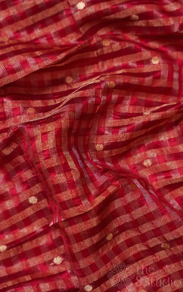 Maroon checked banarasi silk blouse material with buttas
