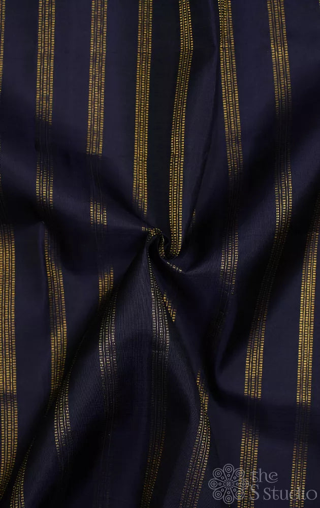 Navy blue kanchi silk blouse material with vertical muthu kattam lines