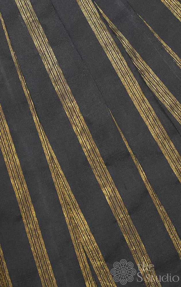 Black kanchi silk blouse fabric with zari stripes