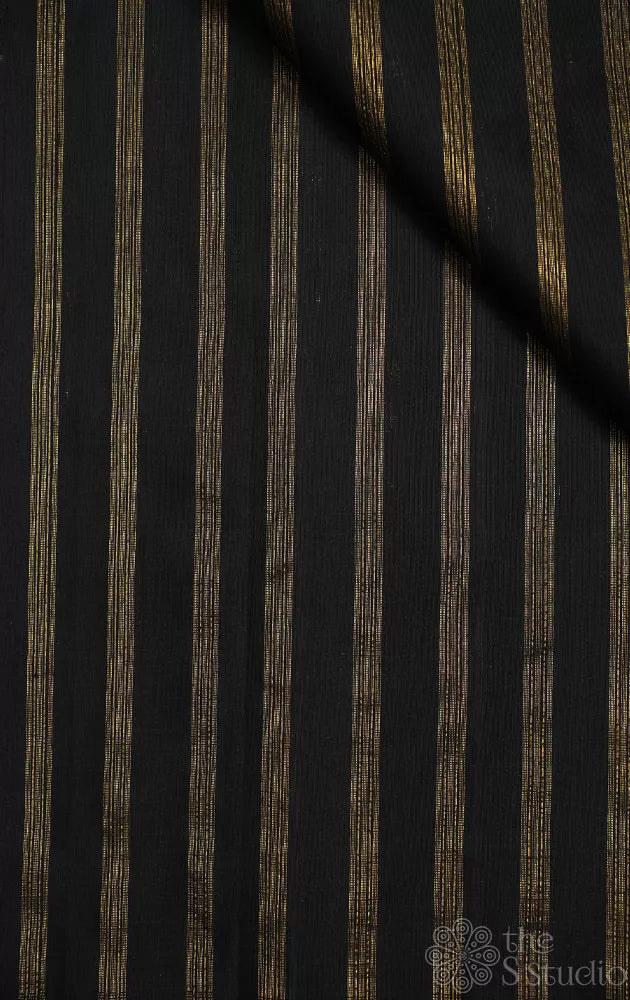 Black kanchi silk blouse fabric with zari stripes