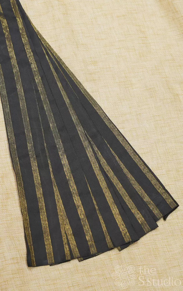 Black kanchi silk blouse fabric with zari stripes