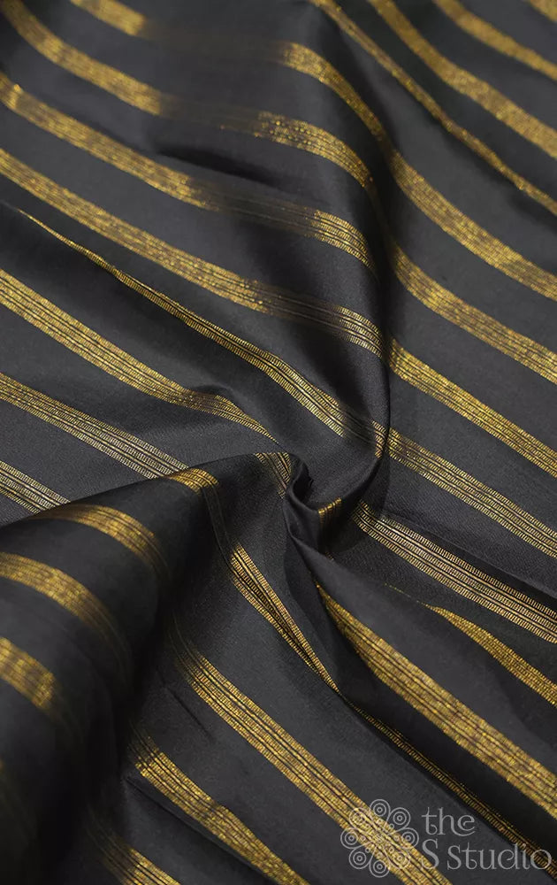 Black kanchi silk blouse fabric with zari stripes