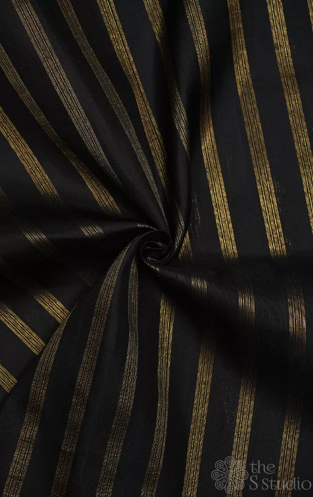 Black kanchi silk blouse fabric with zari stripes