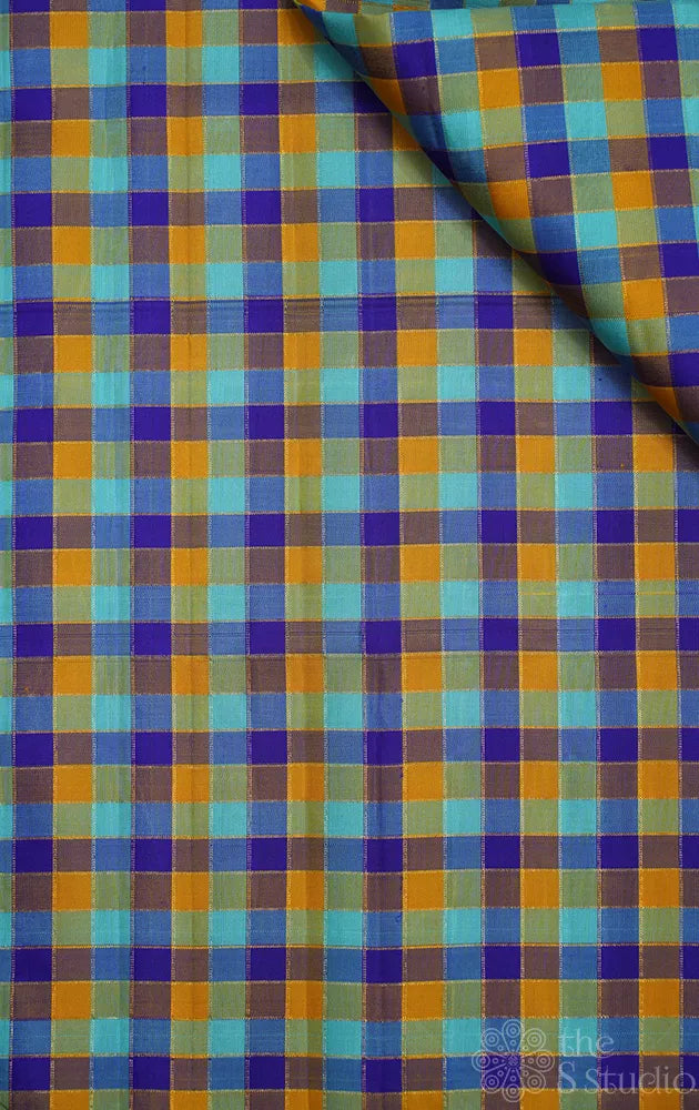 Blue Multi colour zari checks kanchi silk blouse fabric