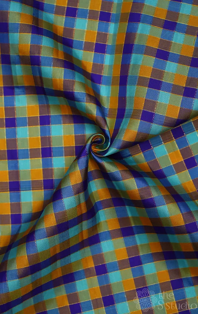 Blue Multi colour zari checks kanchi silk blouse fabric