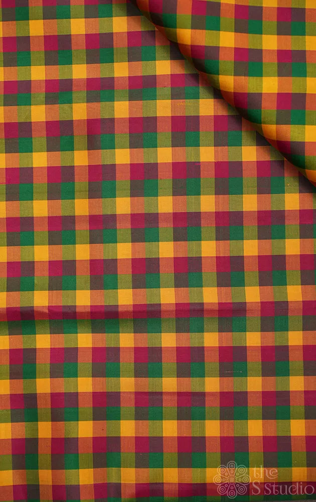 Multi colour small checked kanchi silk blouse fabric