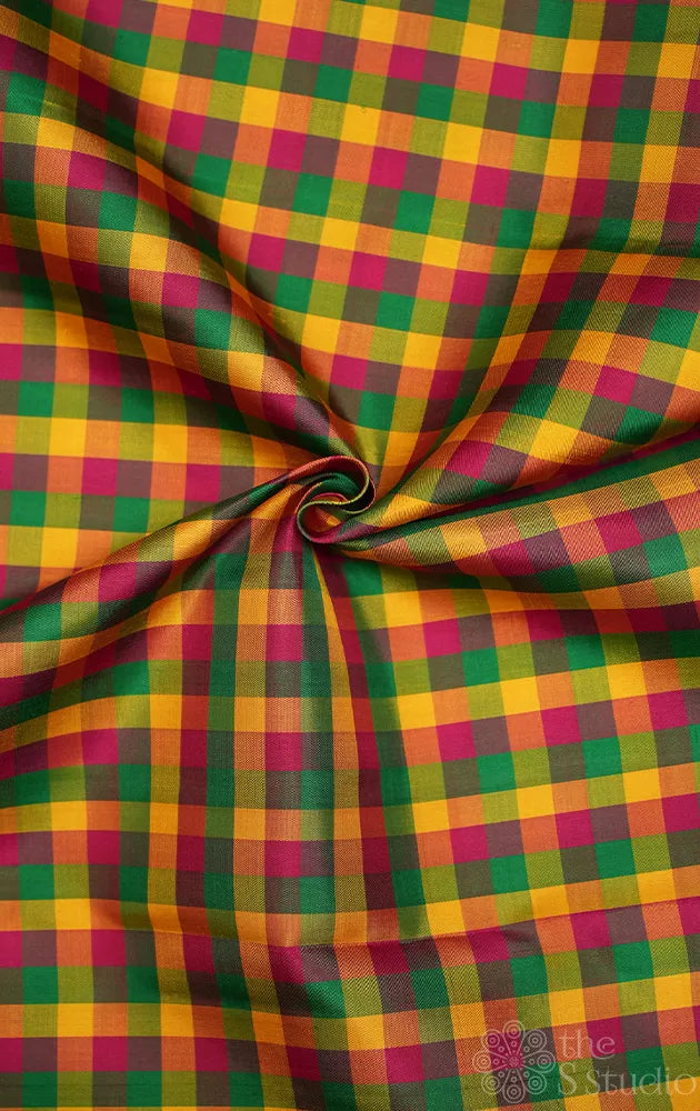 Multi colour small checked kanchi silk blouse fabric