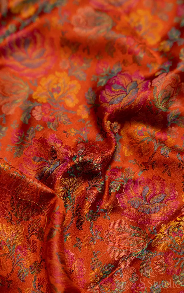 Rust Orange banarasi katan silk blouse material with floral jacquard weave