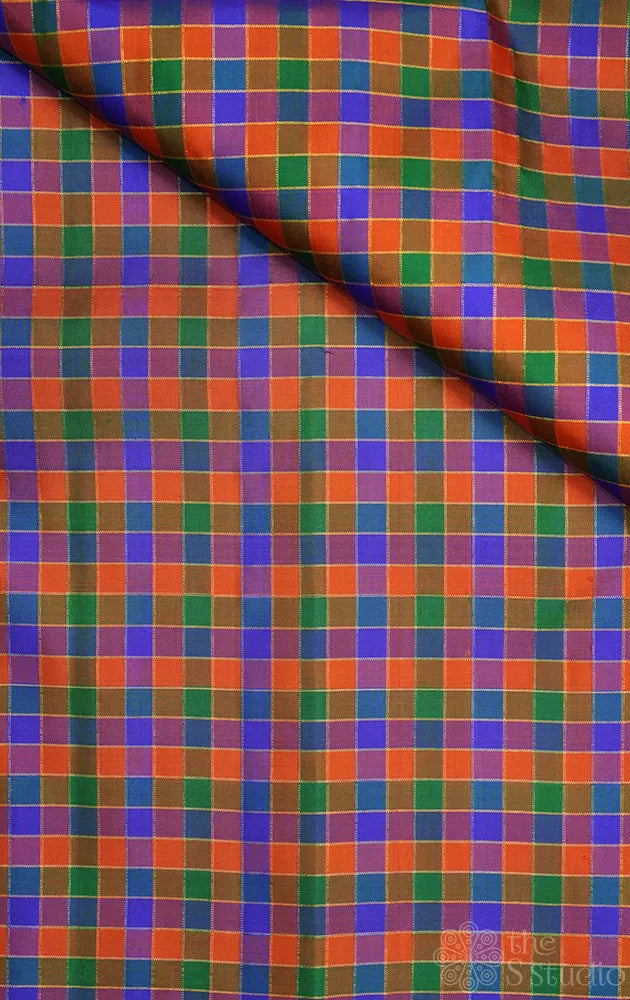 Orange multicolour small zari checked blouse fabric