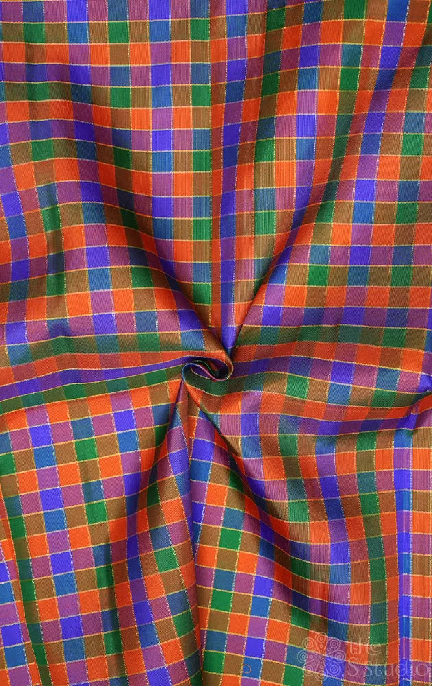 Orange multicolour small zari checked blouse fabric