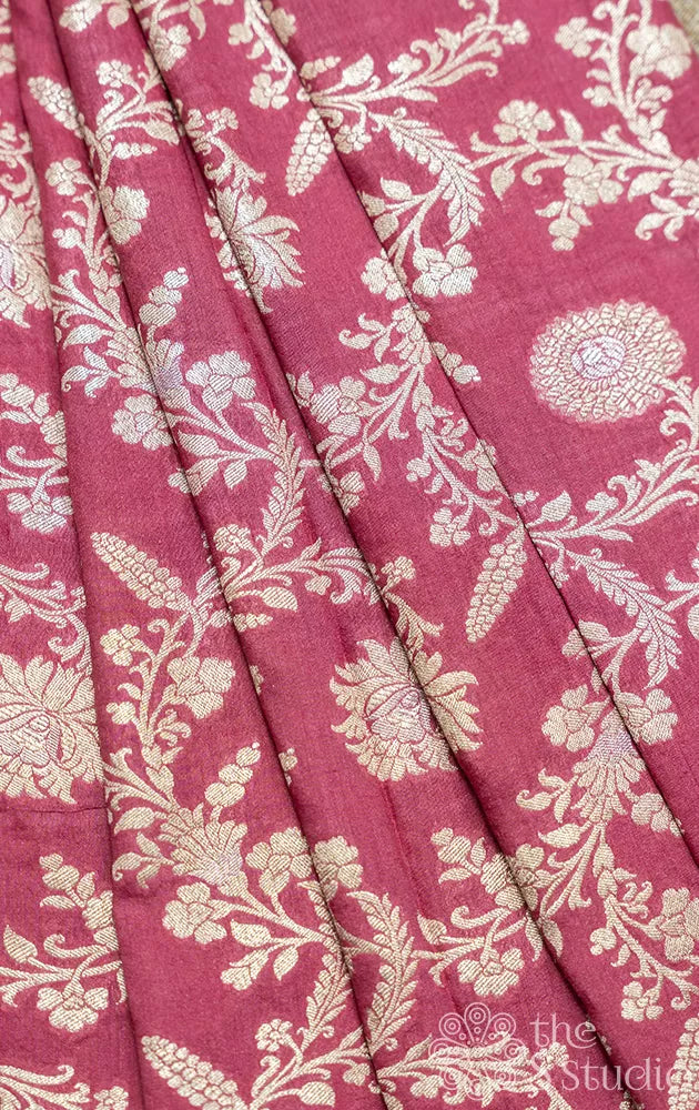  Pink banarasi chiniya silk blouse material with floral zari pattern
