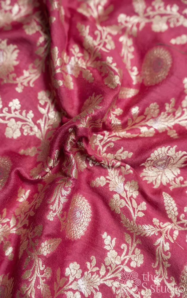 Pink banarasi chiniya silk blouse material with floral zari pattern