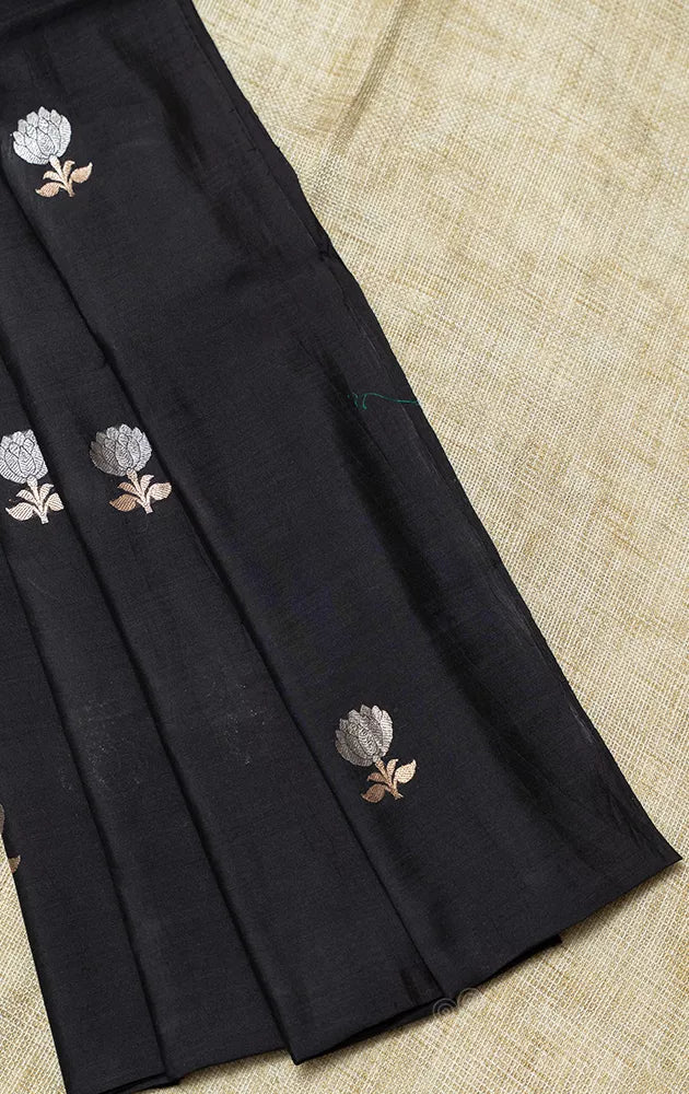 Black banarasi chiniya silk blouse material with silver and gold buttas