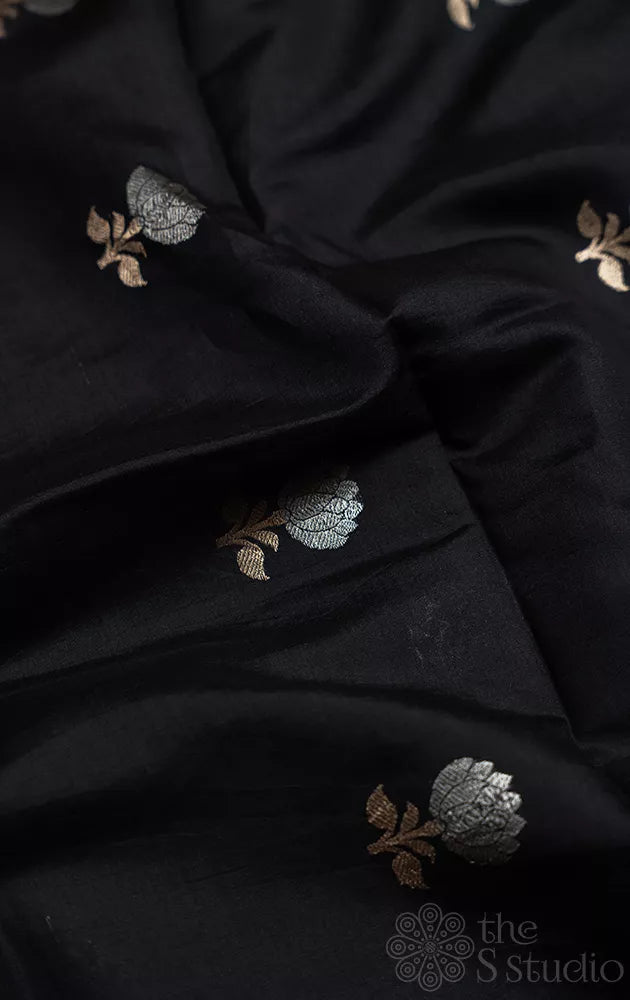Black banarasi chiniya silk blouse material with silver and gold buttas