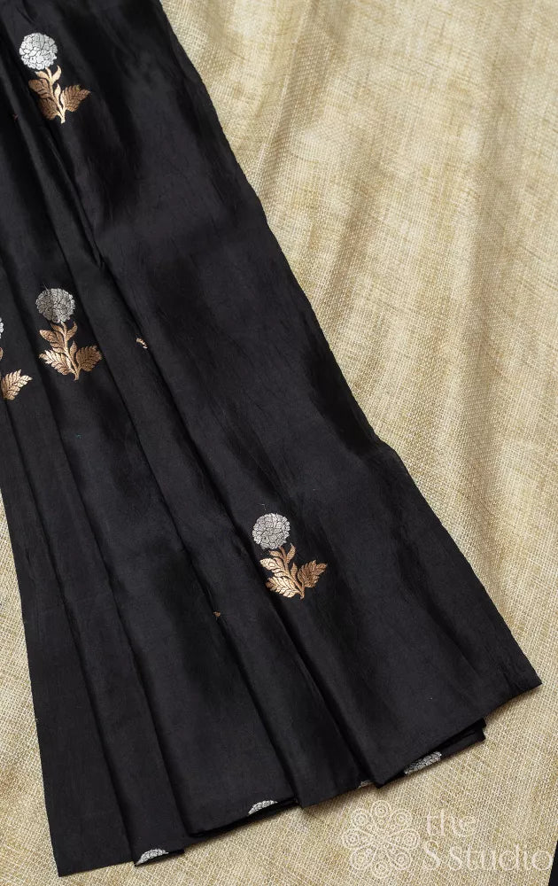 Black banarasi chiniya silk blouse material woven with silver and gold buttas