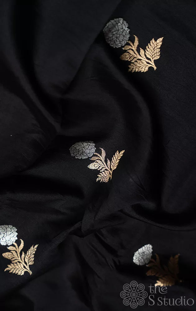 Black banarasi chiniya silk blouse material woven with silver and gold buttas