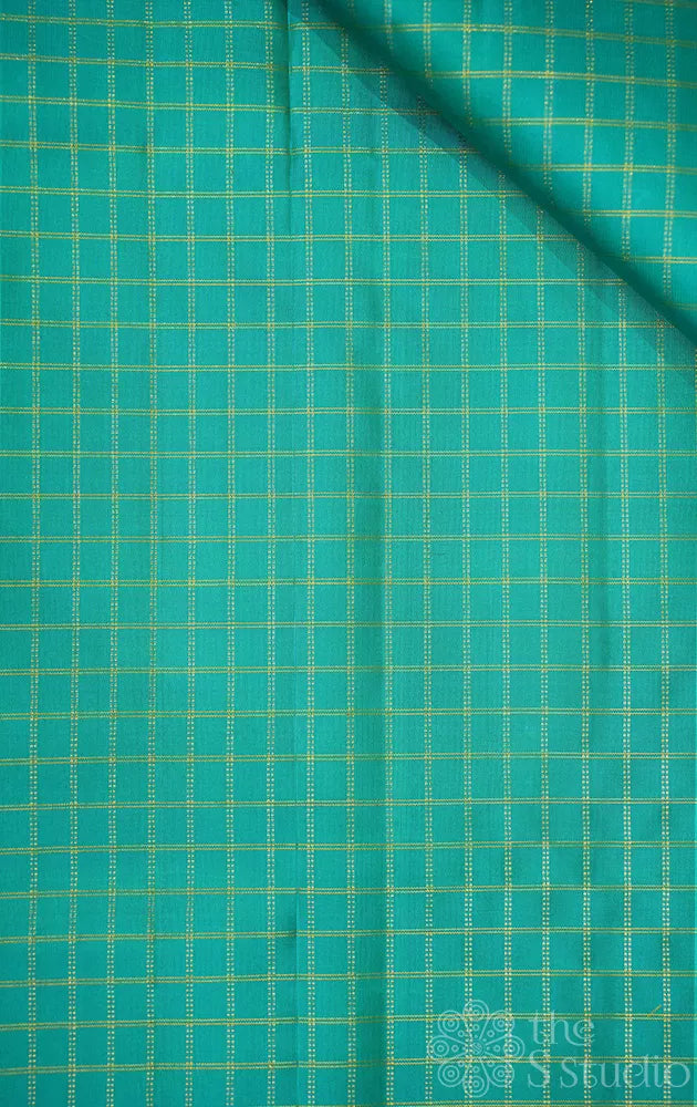 Bluish green kanchi silk blouse fabric with zari checks