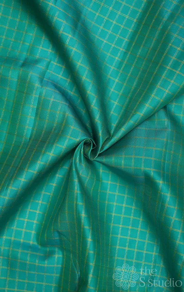 Bluish green kanchi silk blouse fabric with zari checks