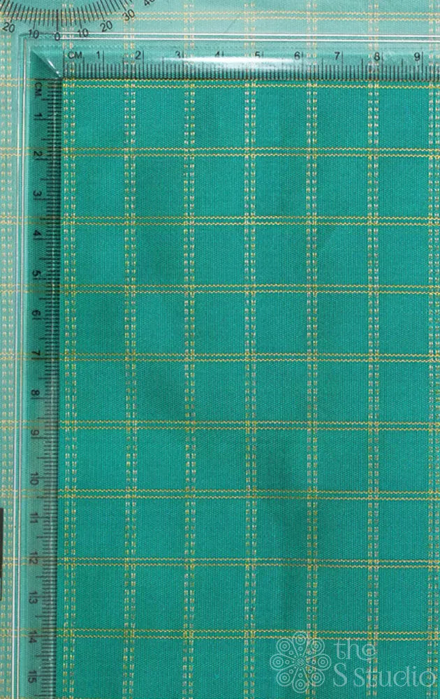 Bluish green kanchi silk blouse fabric with zari checks