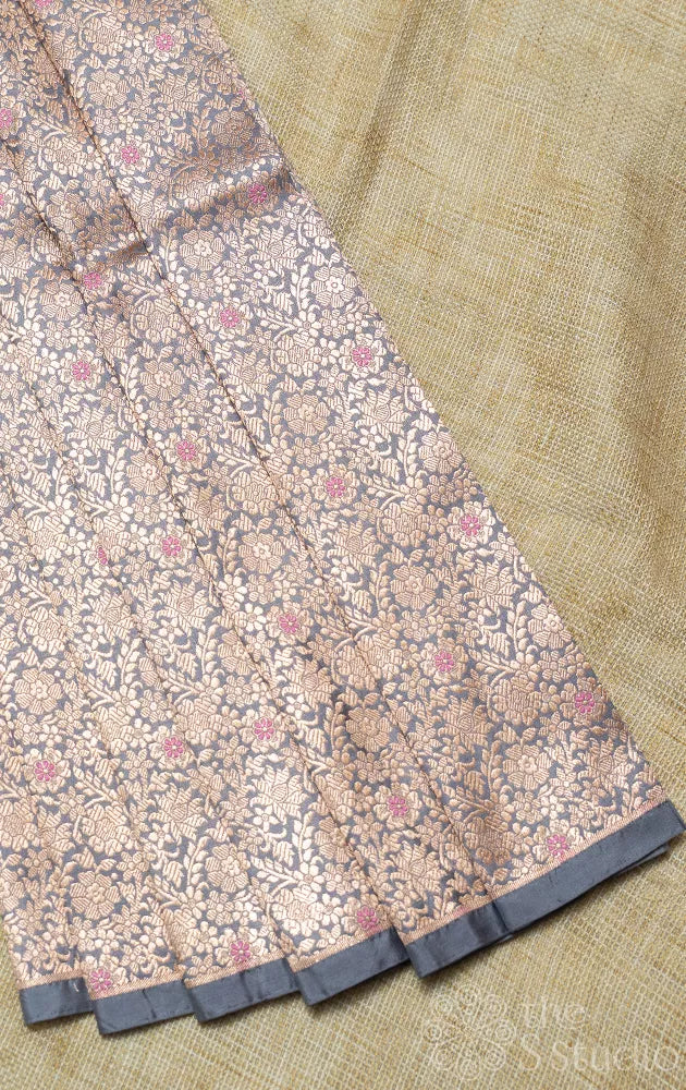 Grey banarasi katan silk blouse material with floral brocade weave