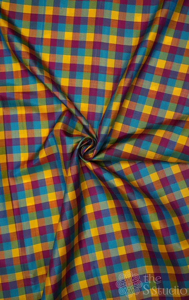 Multicolour small checks kanchi silk blouse material